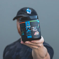Powder being dispensed from tub for quick pre-workout mix