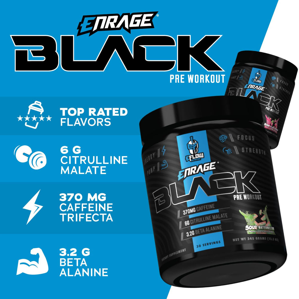 Scoop beside Enrage Black bottle ready for pre-workout use
