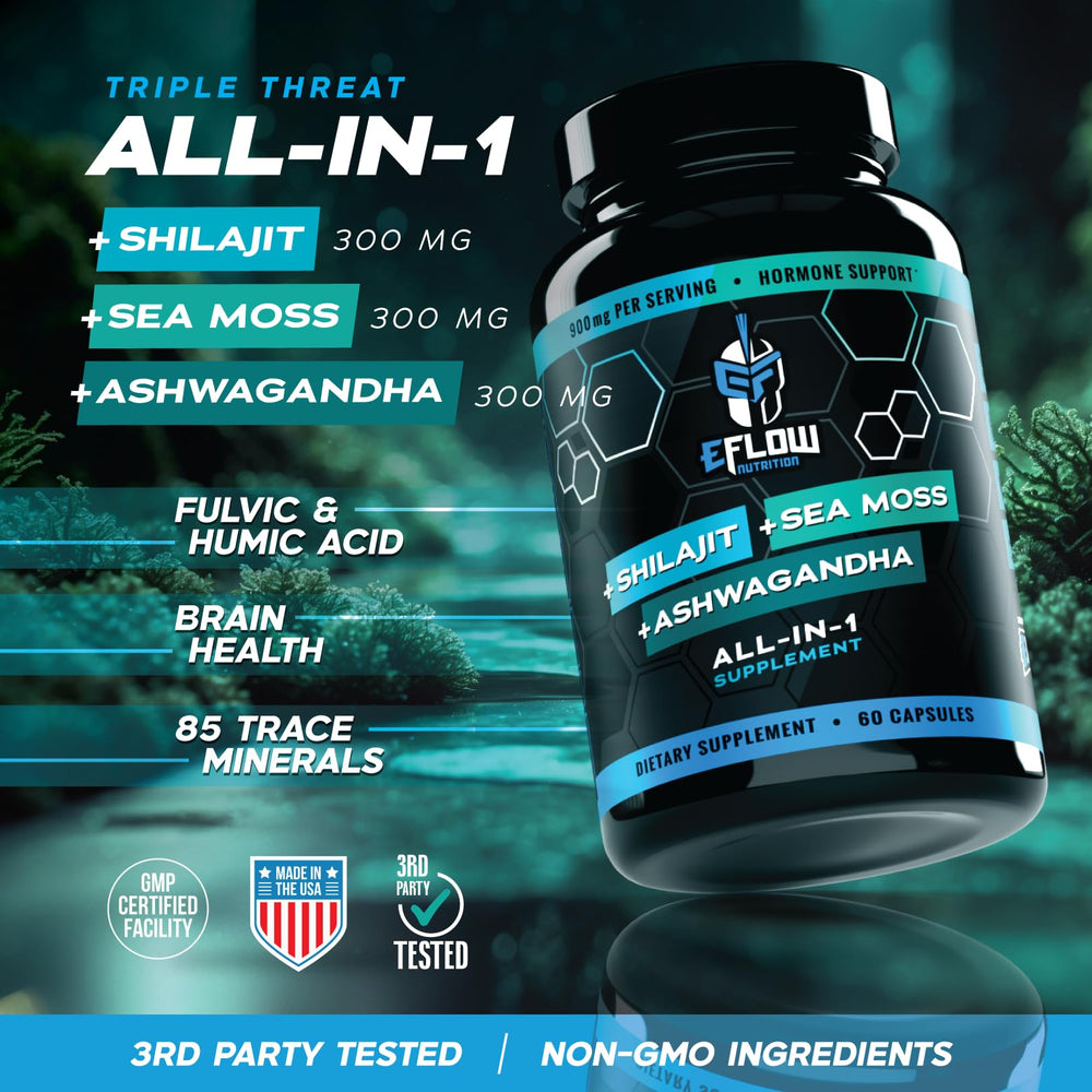 eFlow Nutrition Sea Moss capsules on white background promise immune support.
