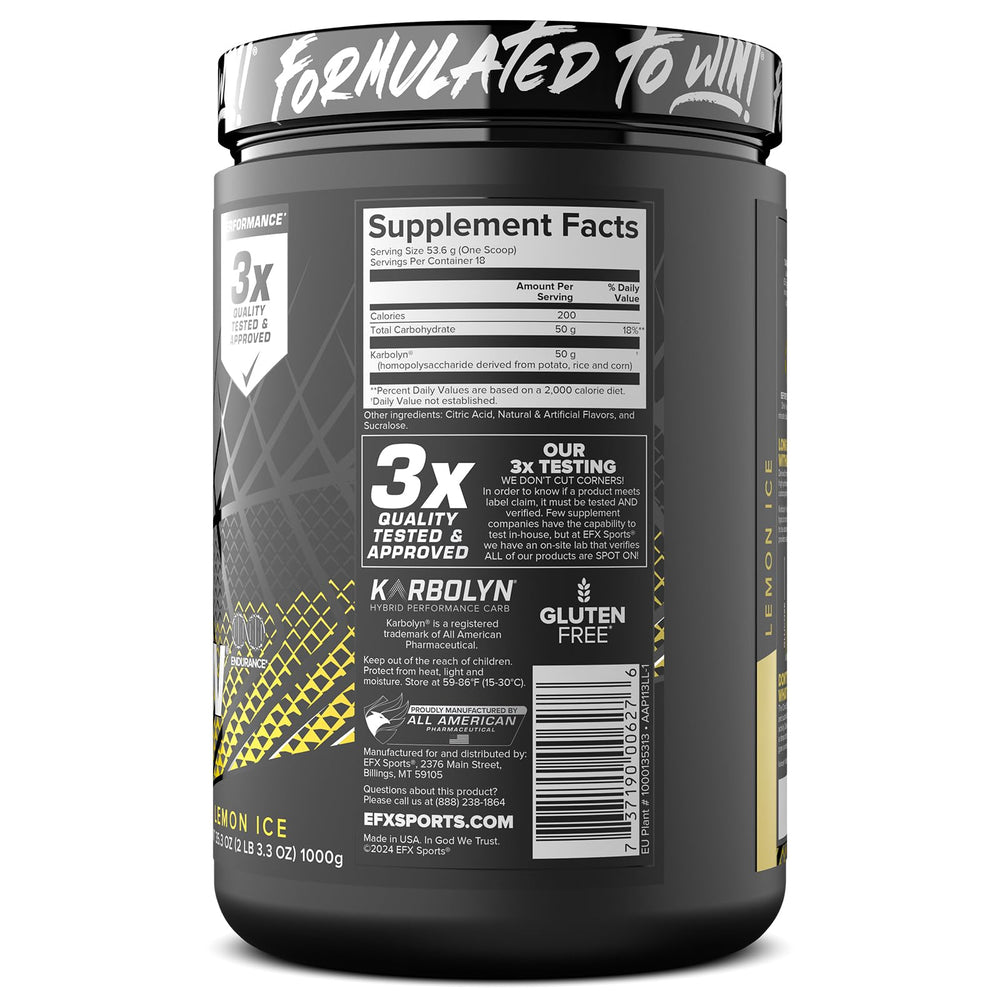 EFX Karbolyn Fuel packaging highlights vegan-friendly carbs