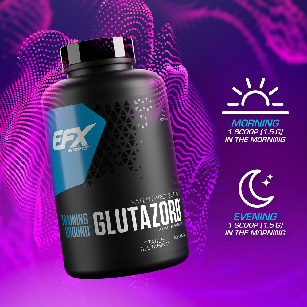 EFX Sports Glutazorb product image showing 3x quality testing badge and in-house manufacturing.
