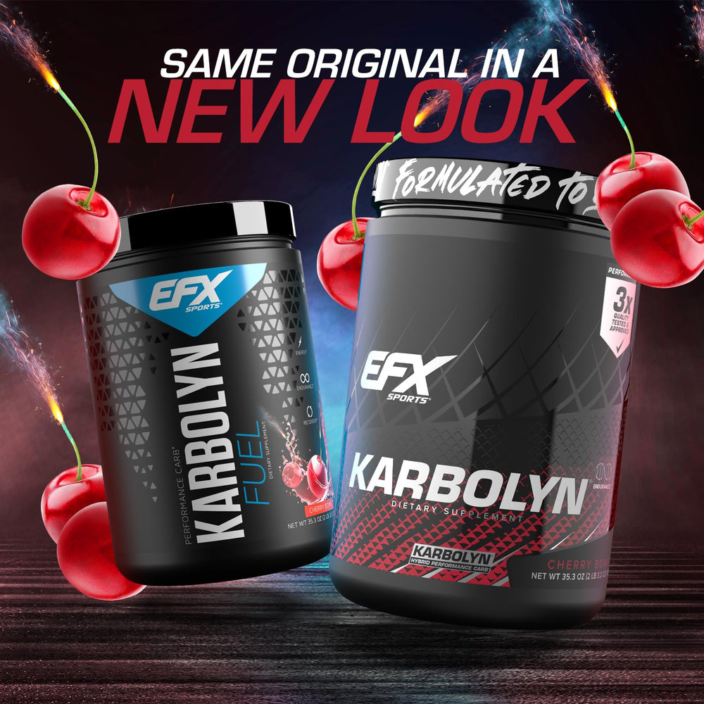 EFX Sports Karbolyn Fuel Cherry Bomb label closeup highlights a sugar-free formula and vegan-friendly carbs.