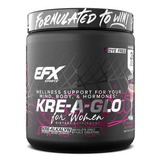 EFX Kre-A-Glo Kre-Alkalyn Creatine bottle front for workout-ready strawberry margarita flavor