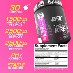 EFX Kre-A-Glo ingredients panel highlighting collagen and hyaluronic acid for joint and skin support