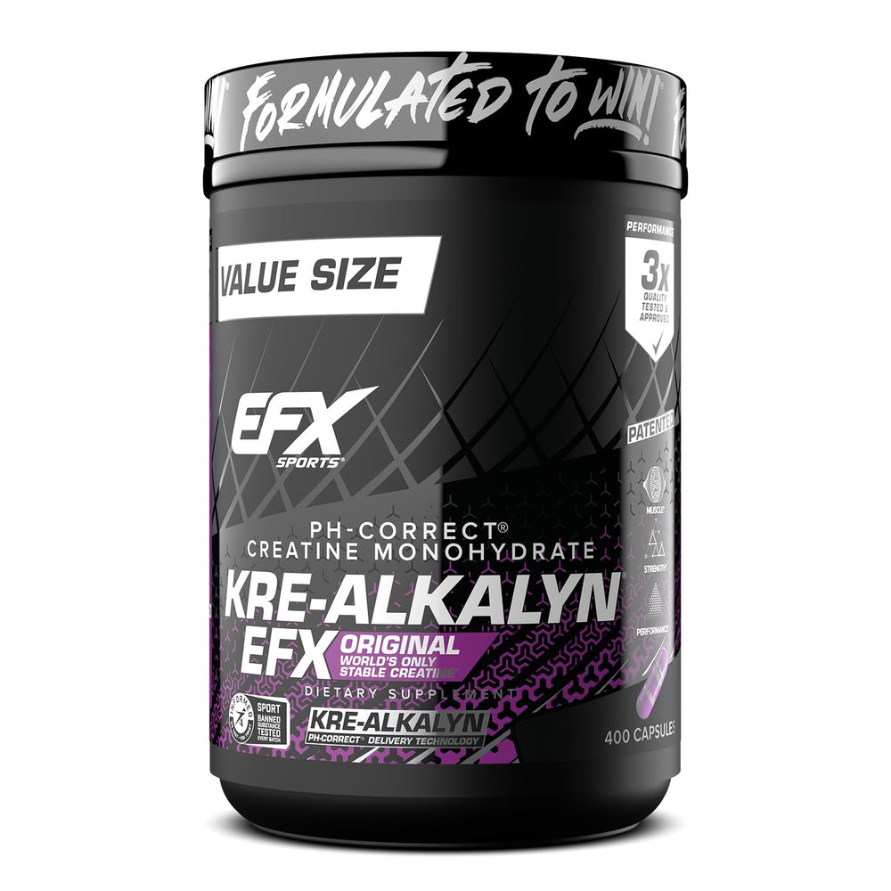 EFX Kre-Alkalyn EFX bottle front label highlights pH-correct creatine for clean workouts.