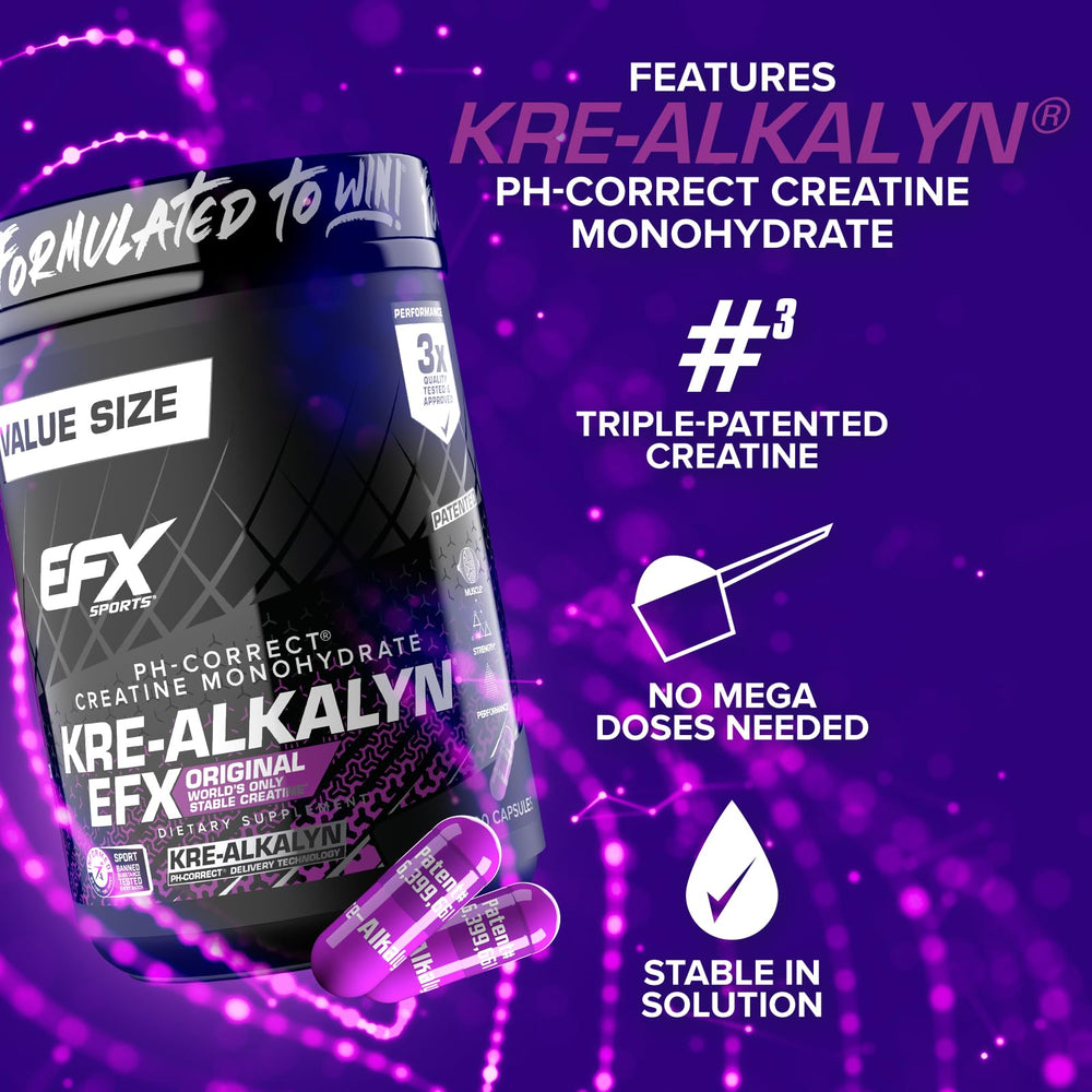 Capsules of EFX Kre-Alkalyn EFX ready to take with water before training.