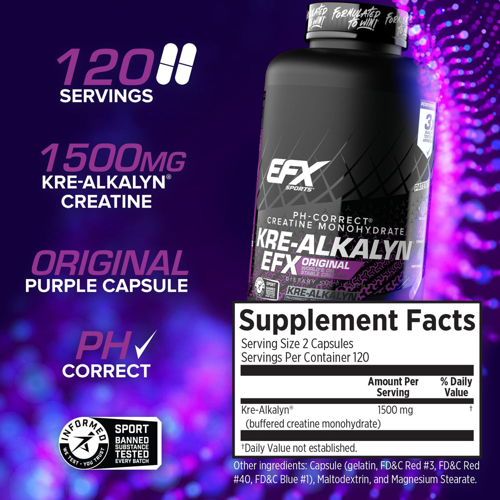 EFX Kre-Alkalyn EFX label shows pH-stable creatine details.