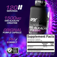 EFX Kre-Alkalyn EFX label shows pH-stable creatine details.