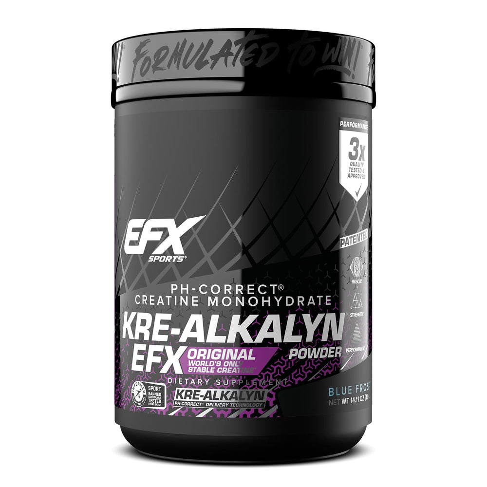 EFX Sports Kre-Alkalyn EFX powder bottle showing stable creatine for consistent workouts.