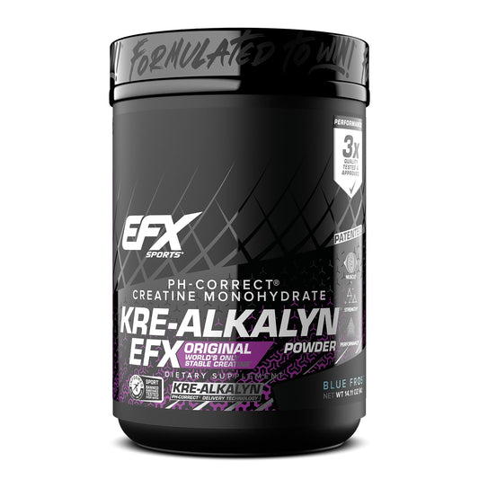 EFX Sports Kre-Alkalyn EFX powder bottle showing stable creatine for consistent workouts.