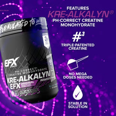 EFX Sports Kre-Alkalyn EFX powder fruity flavor scoop suggests convenient, flavorful supplementation.