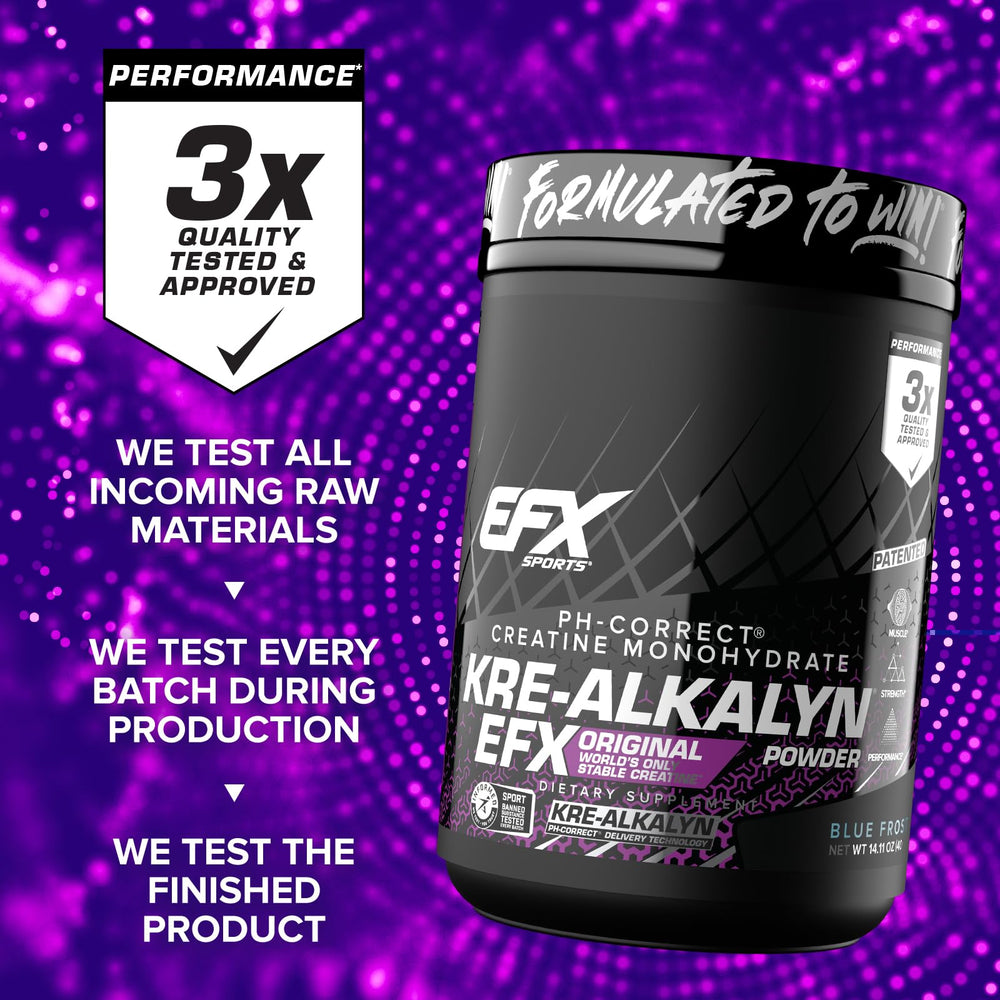 EFX Sports Kre-Alkalyn EFX powder unflavored jar allows versatile mixing.
