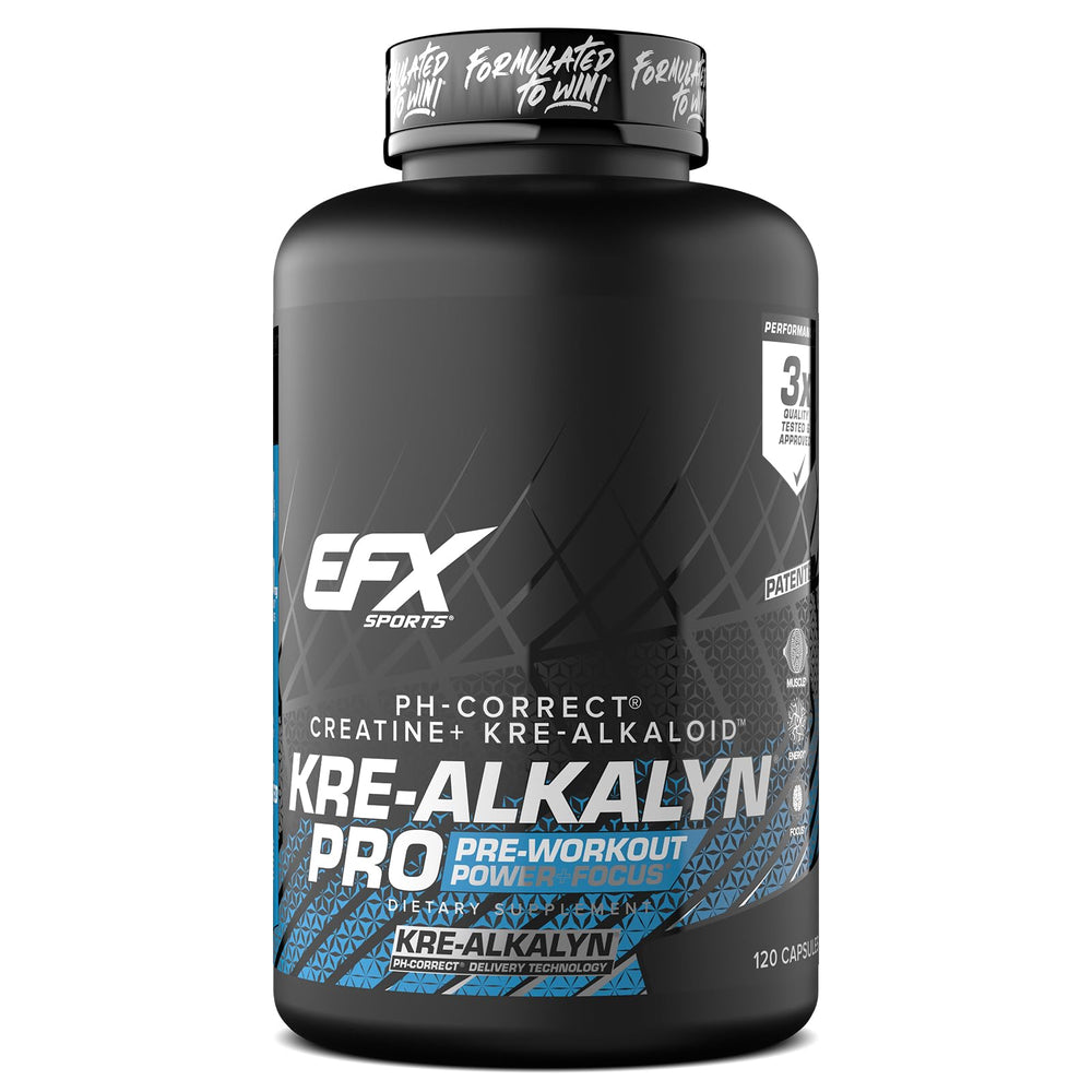 EFX Sports Kre-Alkalyn Pro bottle front highlights pH-stable creatine for steady workouts.