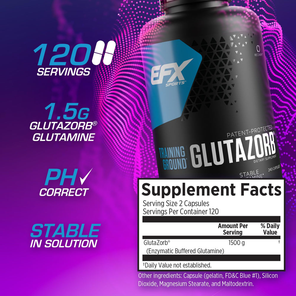 EFX Sports Glutazorb capsules ingredients snapshot highlighting vegan glutamine and buffering technology.