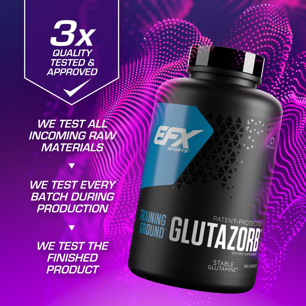 EFX Sports Training Ground Glutazorb caps label featuring transparent ingredients and quality commitments.