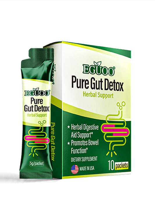 EGUOO Pure Gut Detox packaging showing convenient daily sachets for easy detox