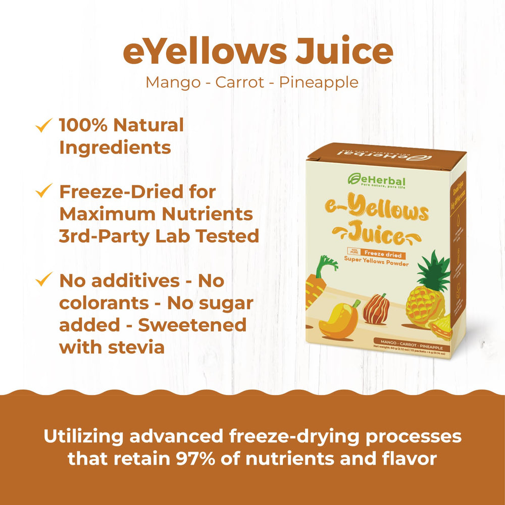 A scoop next to fresh eHerbal PURE NATURE ingredients shows natural fruits and greens