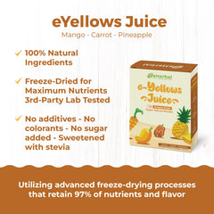 A scoop next to fresh eHerbal PURE NATURE ingredients shows natural fruits and greens