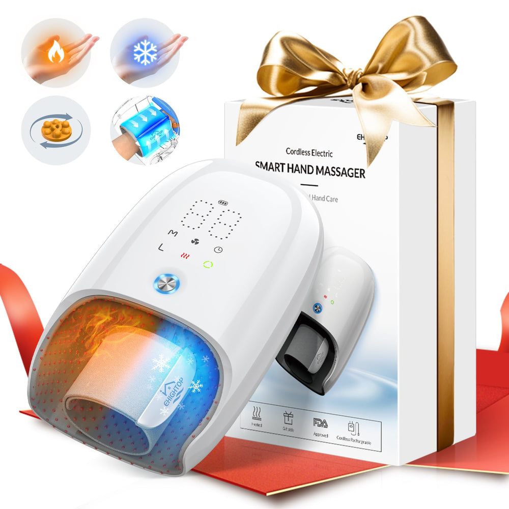 Ehightop hand massager with kneading rollers targets relief from fingertips to wrist.