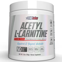 EHP Labs Acetyl L Carnitine powder bottle front showing vegan and gluten free attributes for energy support.