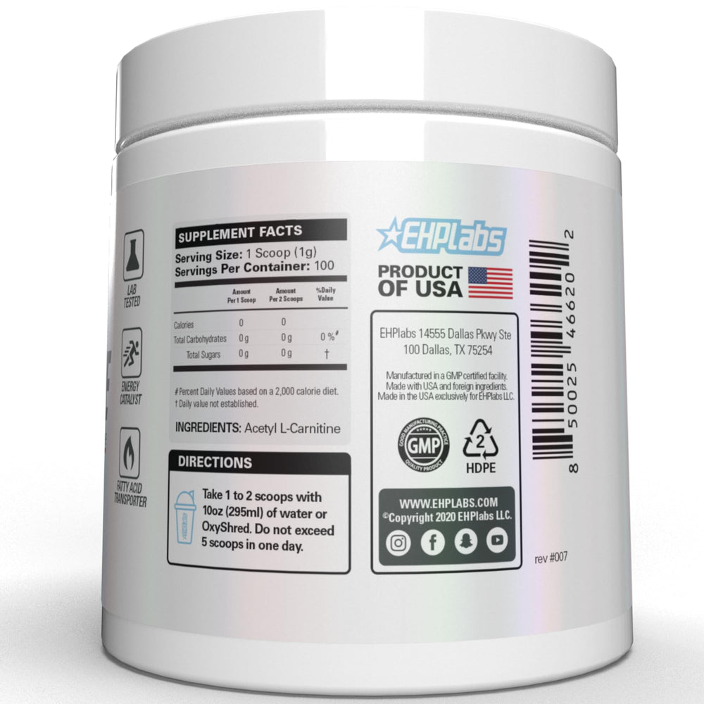 EHP Labs Acetyl L Carnitine powder gluten free vegan badge on packaging.
