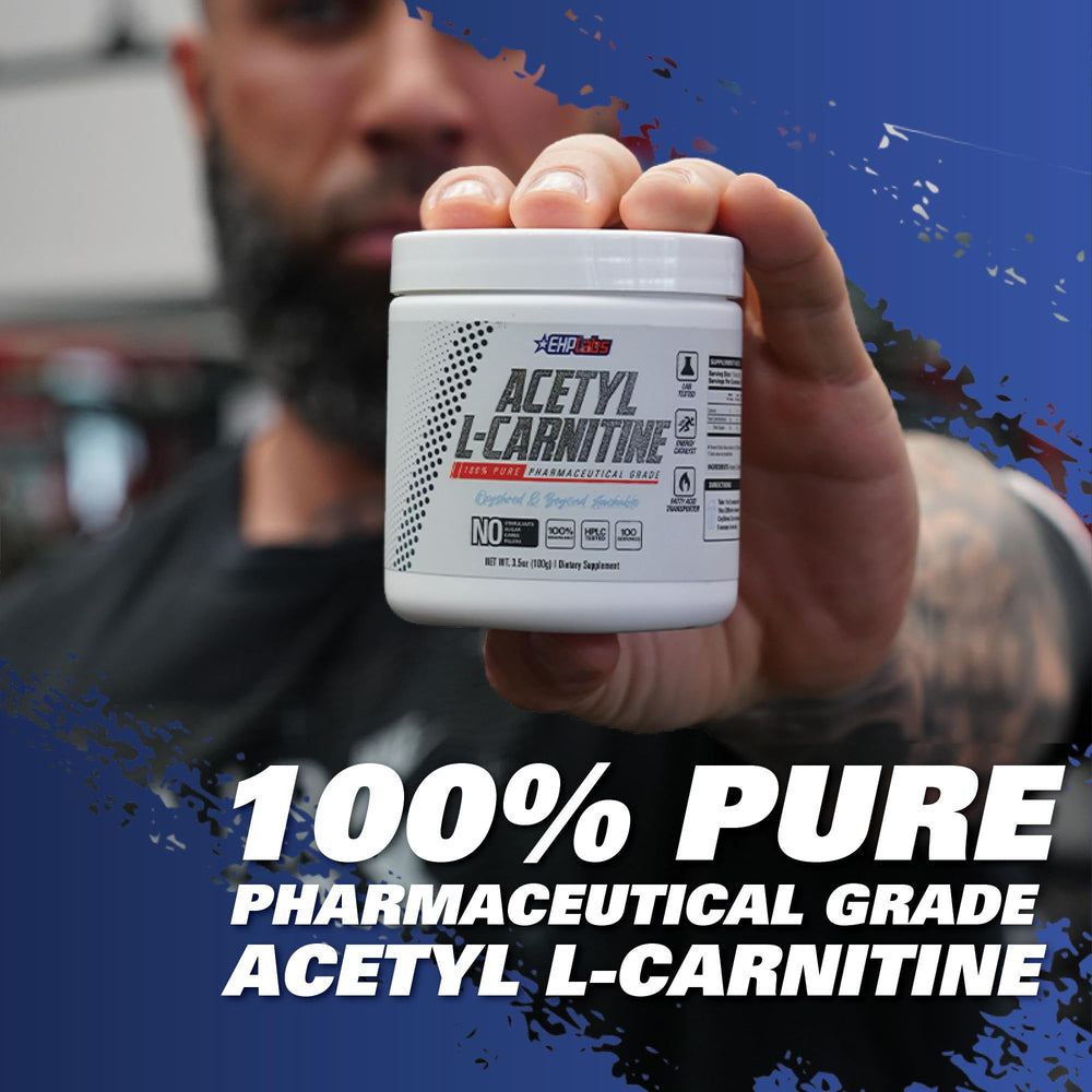 EHP Labs Acetyl L Carnitine powder ingredients panel emphasizing purity standards.