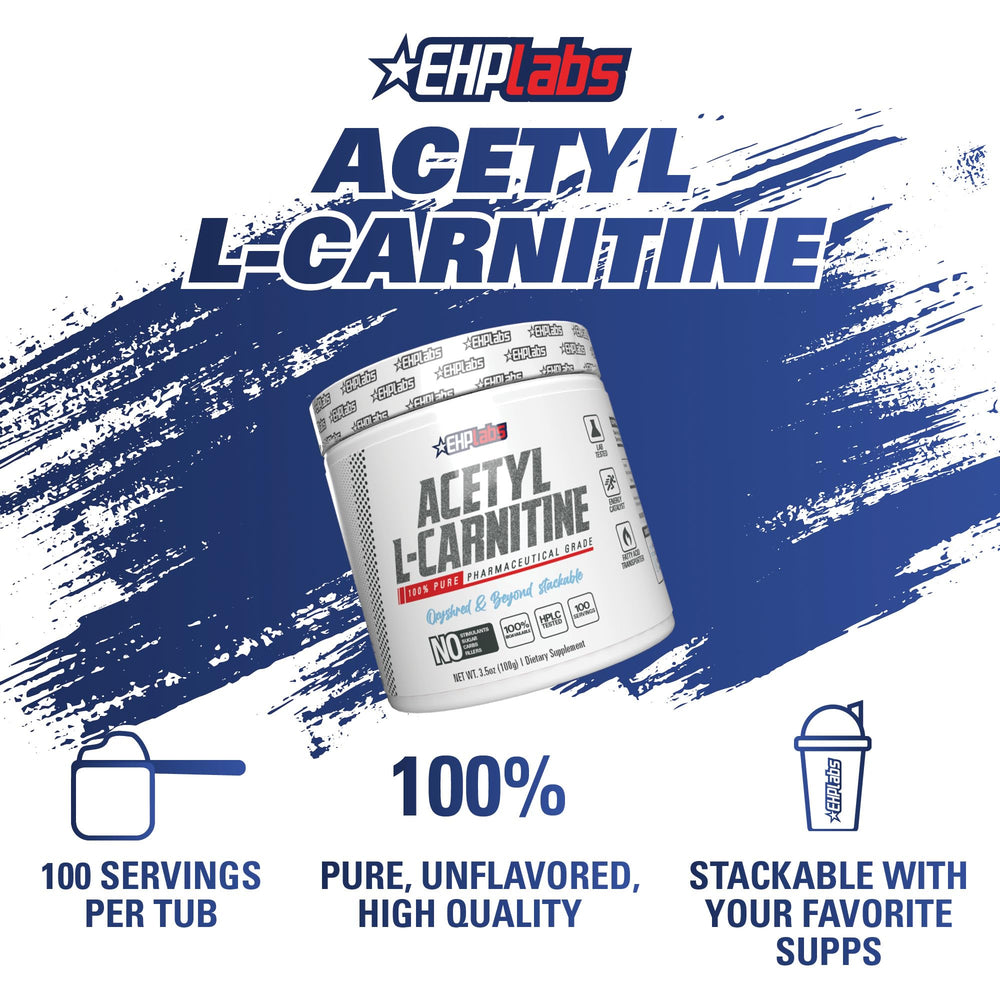 EHP Labs Acetyl L Carnitine powder label closeup with product details and quality marks.