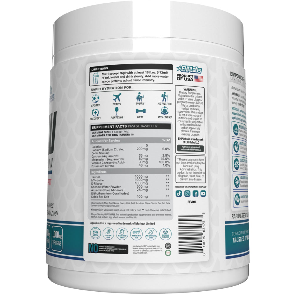Hydreau powder container ready-to-mix for pre, during, or post-workout hydration