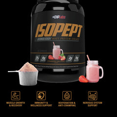 Bottle close-up highlighting premium non-GMO whey and hydrolysate blend