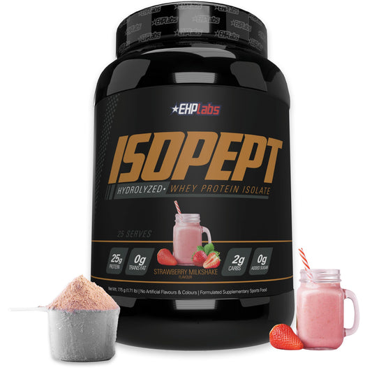 EHP Labs IsoPept strawberry milkshake powder in a jar for quick post-workout fueling
