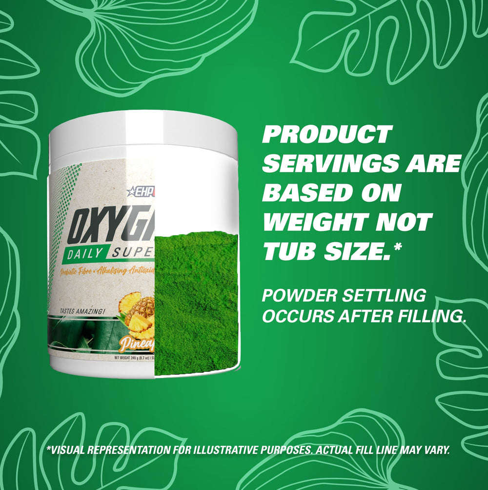 OxyGreens bottle servings highlight pineapple flavor appeal.