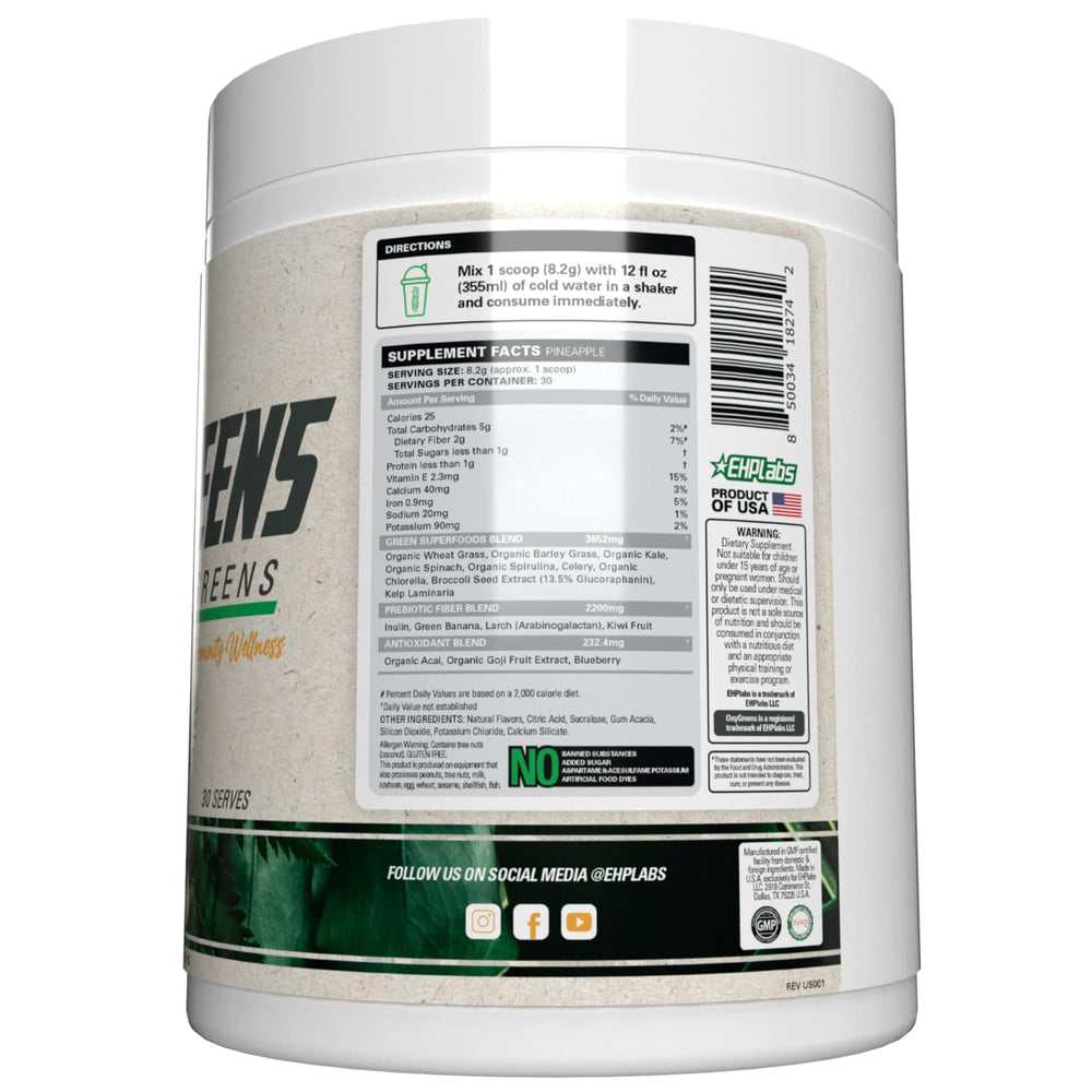 Scoop beside a glass of water emphasizes easy mixing with OxyGreens.