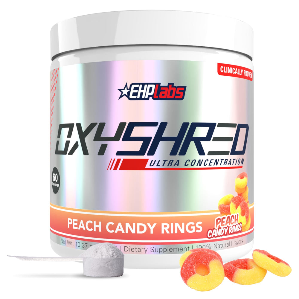 EHP Labs OxyShred bottle front shows Peach Candy Rings flavor and pre-workout formula.