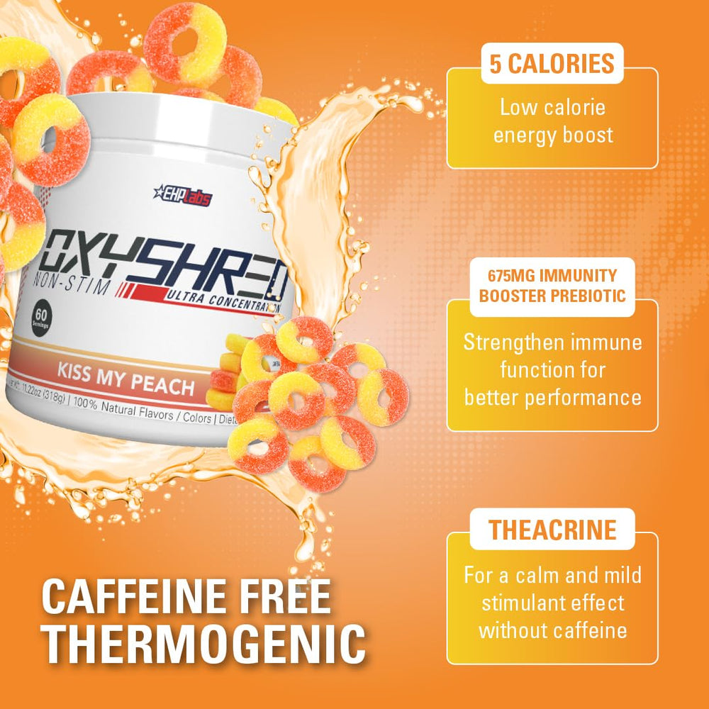 EHP Labs OxyShred Peach label front highlighting caffeine-free formula.
