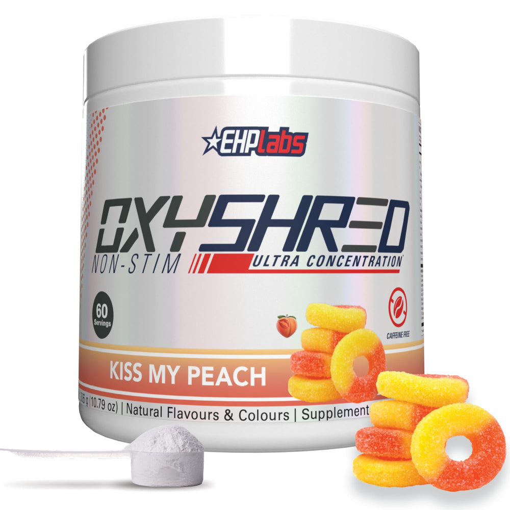 EHP Labs OxyShred Peach tub for stimulant-free pre-workout energy.