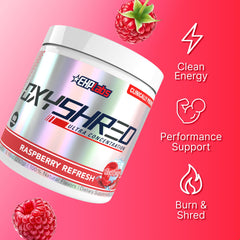 EHP Labs OxyShred raspberry refresh flavor close-up on label.
