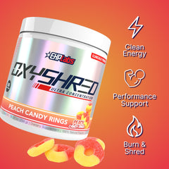 Scoop of OxyShred powder ready to mix for a pre-workout shake.