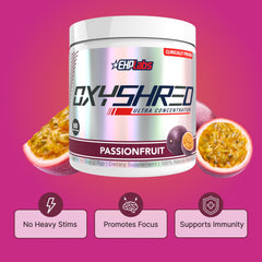Shaker with mixed OxyShred suggests refreshing pre-workout drink