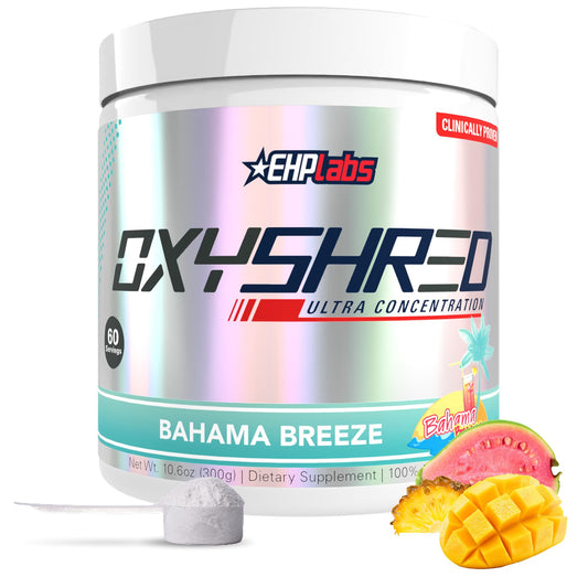EHP Labs OxyShred Bahama Breeze tub on display for daily energy.