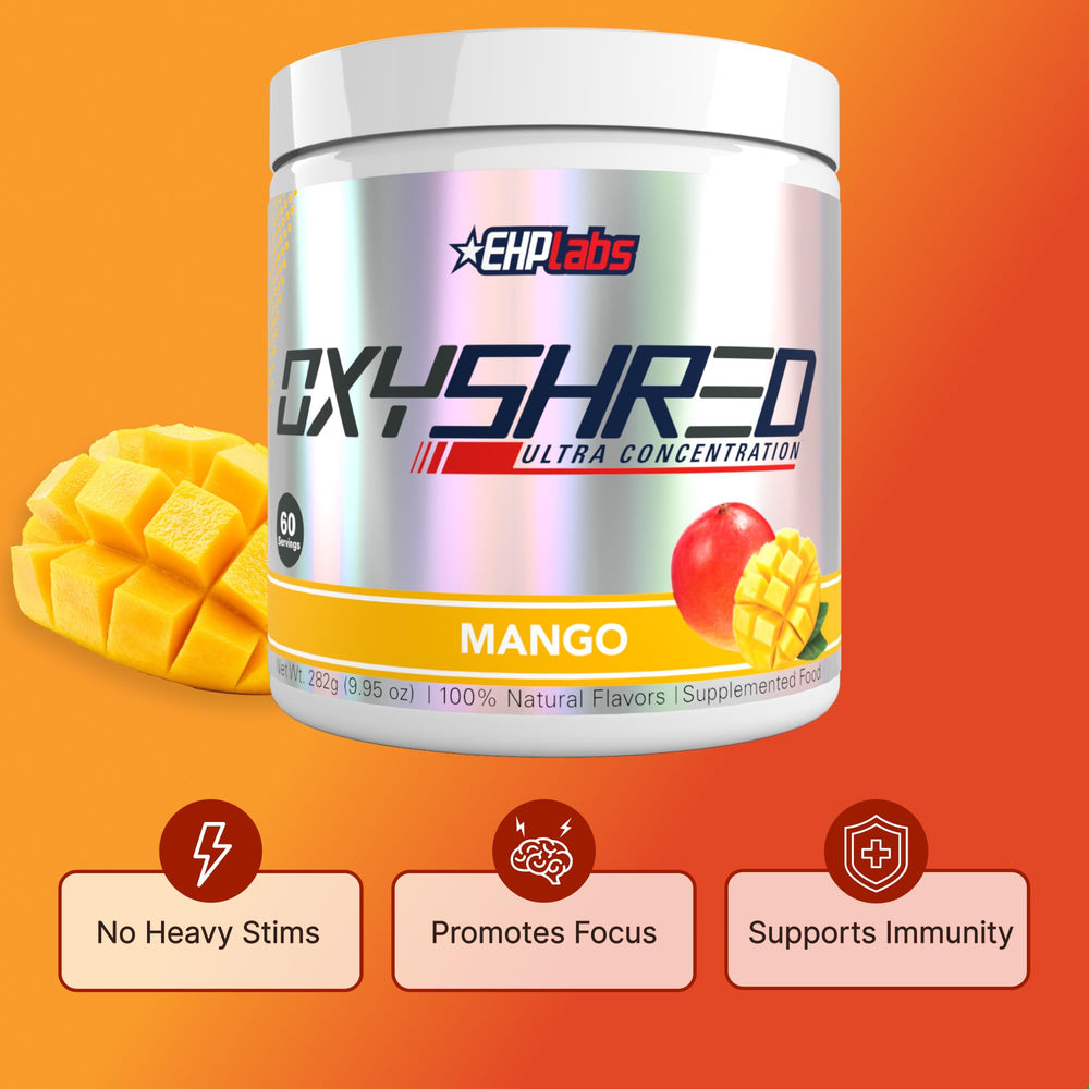 EHP Labs OxyShred mango powder swirling in a glass with a mango note