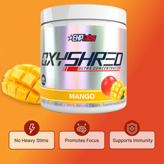 EHP Labs OxyShred mango powder swirling in a glass with a mango note