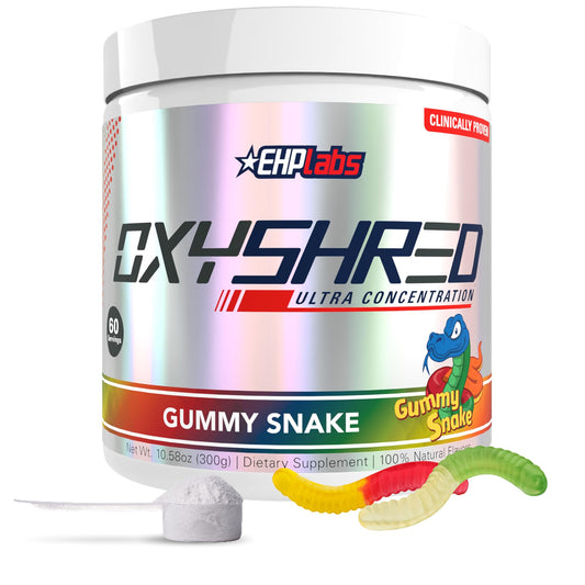 EHP Labs OxyShred gummy snake bottle front view showing energy-boosting pre-workout.