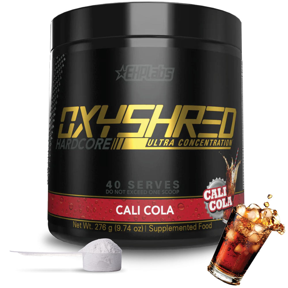 EHP Labs OxyShred Hardcore canister front view highlighting premium pre-workout energy