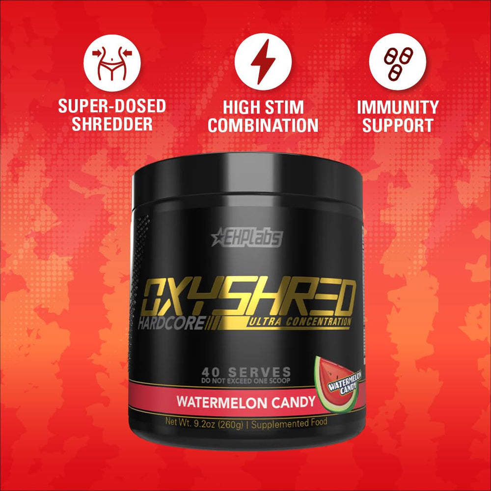 EHP Labs OxyShred Hardcore powder in glass promoting steady energy during sessions