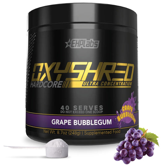 EHP Labs OxyShred Hardcore powder tub front showing product label and flavor