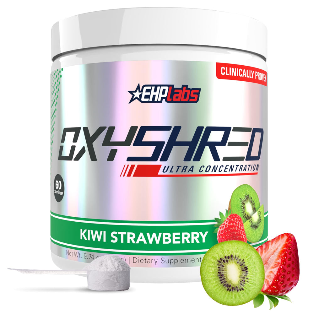 EHP Labs OxyShred Kiwi Strawberry tub front showing flavor and label, hinting at energy and performance benefits