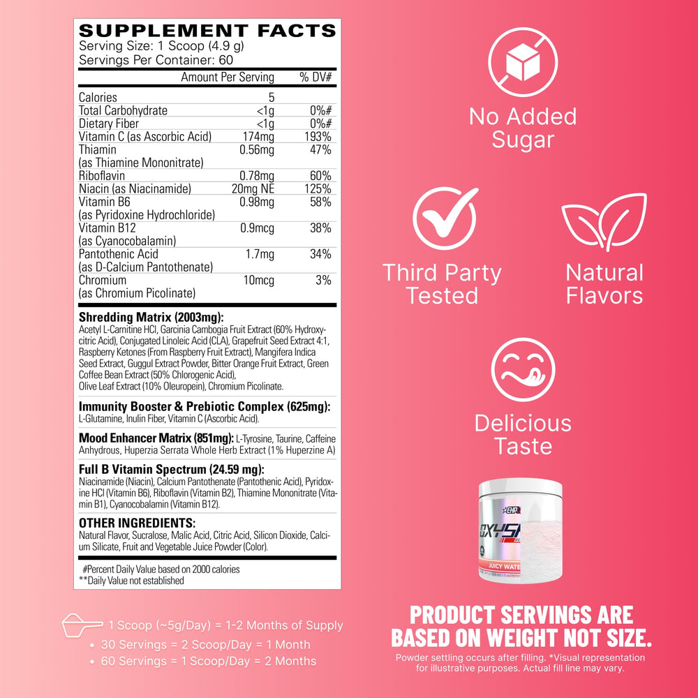 OxyShred ready-to-mix powder serving in a glass for pre-workout energy