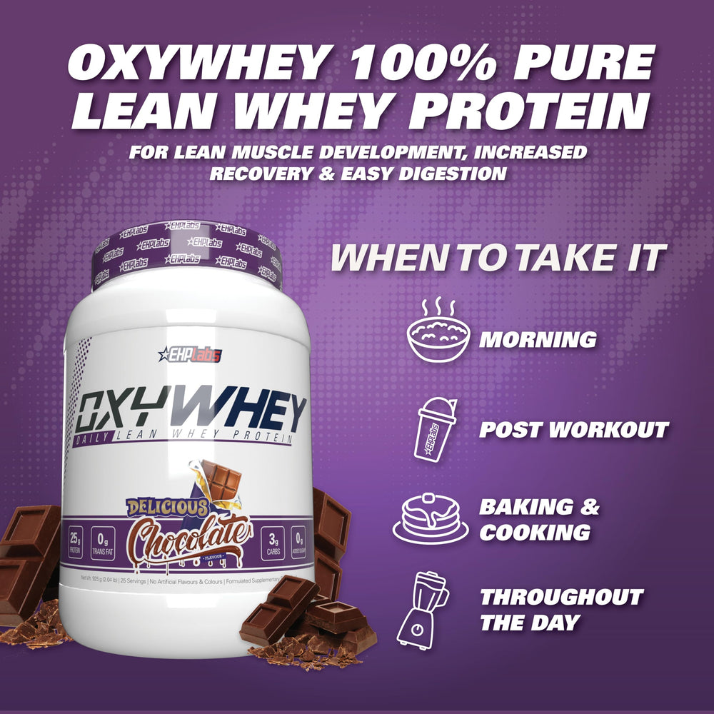 Measuring spoon beside OxyWhey powder for accurate dosing.