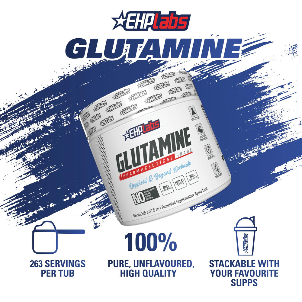 EHP Labs L-Glutamine powder jar close-up shows premium texture and purity.