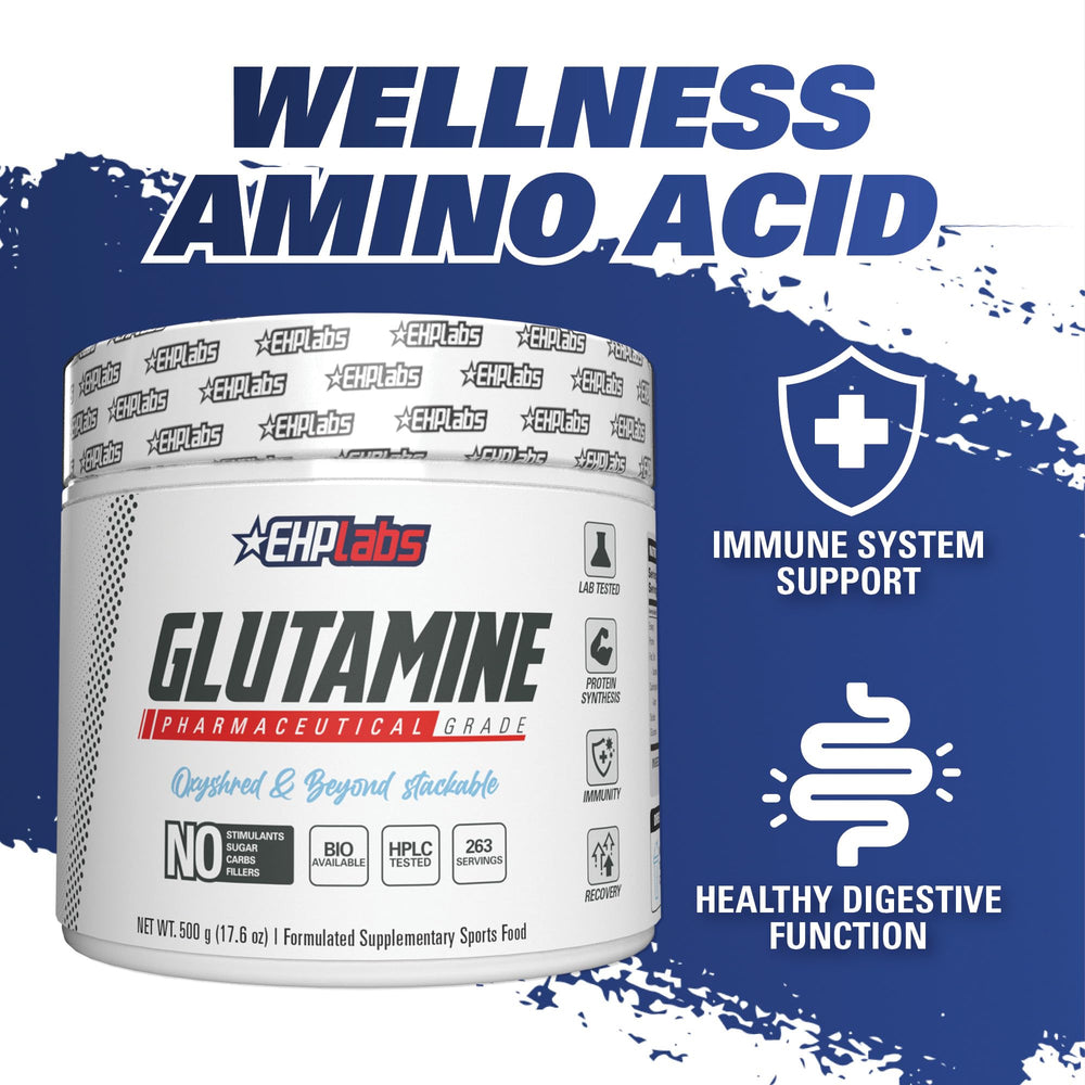 EHP Labs L-Glutamine powder mixed in water demonstrates easy hydration support.
